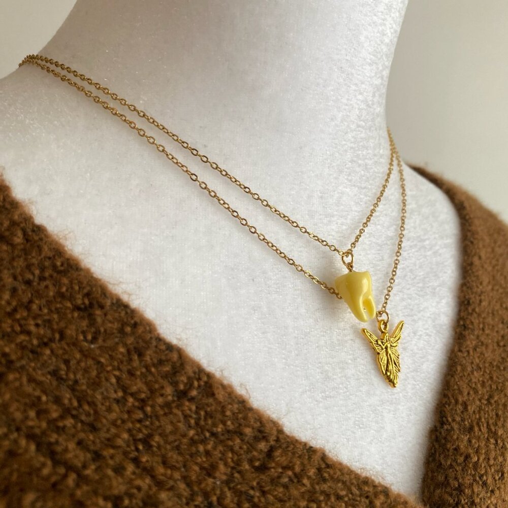 Handmade 18K GOLD STAINLESS STEEL Necklace Tooth Fairy Teeth Whimsical Jewelry - Picture 4 of 4